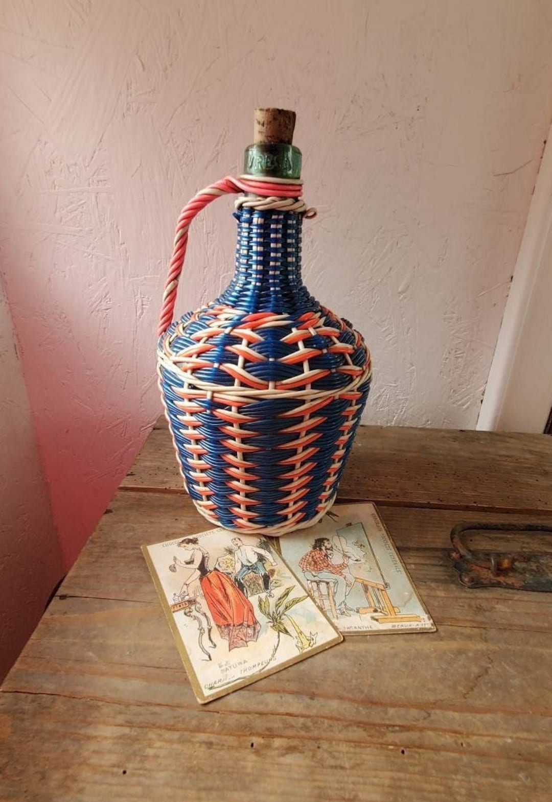 Vintage French Viresa Green Glass Bottle Encased in Plastic Etsy