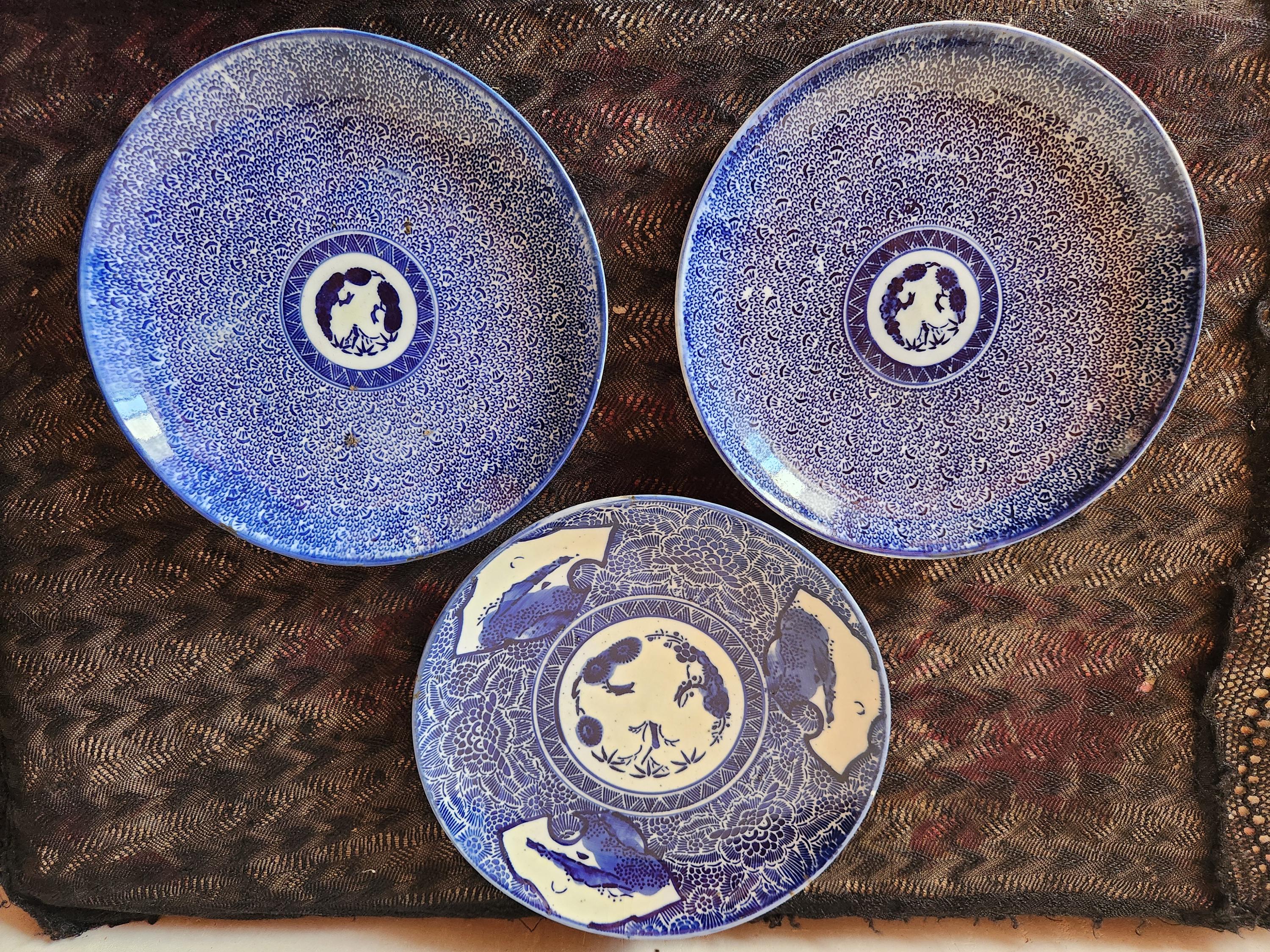 Antique Japanese Imari Porcelain Plates Hand Painted Cobalt Blue