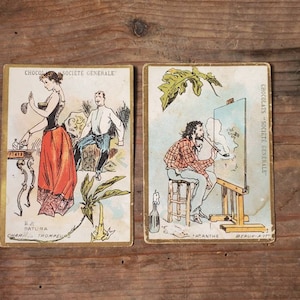 Vintage Paar französische Ephemera Werbekarten für 'Société Générale' Pralinen von Paris Patisserie.