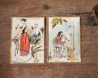 Vintage Pair of French Ephemera Advertising Cards for 'Société Générale' Chocolates From Paris Patisserie.