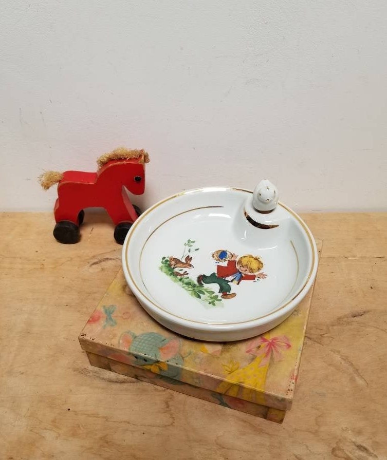 Vintage Français Porcelaine Child's Warming Bowl Dans Un Coffret Cadeau Original. Bol Pour Enfant Pe
