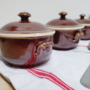 Antique French Faience Serving Bowls with Lids: Terre de Fer, Set of 3