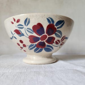 Vintage French Sarreguemines Digoin TEA STAINED Floral Painted Ironstone Breakfast Hot Chocolate/Cafe Au Lait Bowl With White Foot