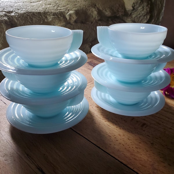 Vintage Set of 6 French Art Deco Blue Jadeite Demi-Tasse Cup and Saucer. Pale Blue Milk Glass. 1930s Art Deco.