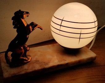 Vintage Art Deco Horse Table Lamp: Blue Glass Globe, Veined Marble Base