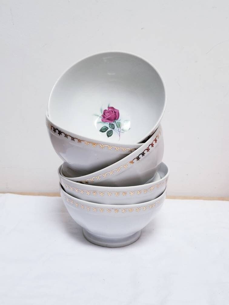 5 Bols de Petit-Déjeuner Vintage Français en Porcelaine avec Base à Pied et Détail Transfert Rose Ja