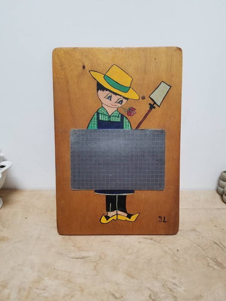 Vintage Français Painted Gardener's Wood Board With Blackboard Note Section & Gardener Image. Pannea