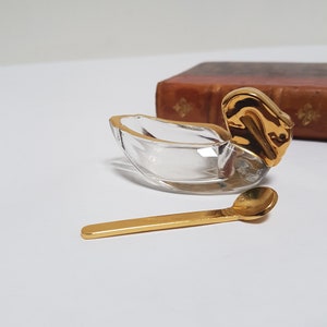 Vintage French Crystal Swan Salt Holder Pot and Gold Tone Spoon.