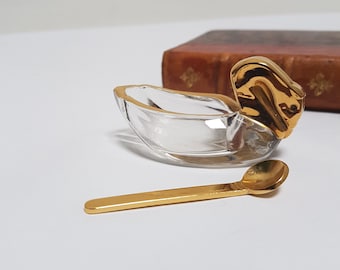 vintage Français Crystal Swan Salt Holder Pot et Gold Tone Spoon.