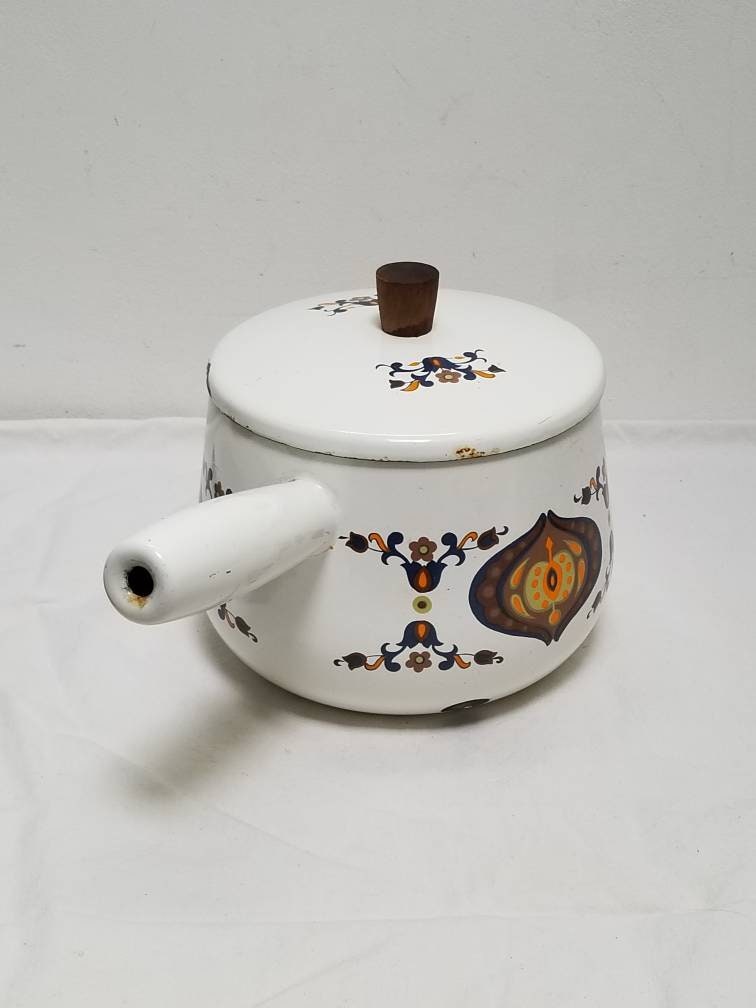 Vintage Français Émail Des Années 1970 Retro Design Iron Fondue Pan avec Couvercle