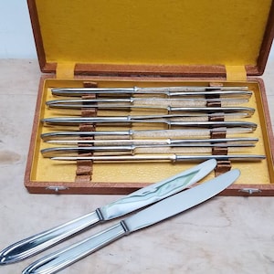 Set di 12 coltelli da tavola vintage francesi, in acciaio inossidabile, anni &#39;60, con scatola originale.