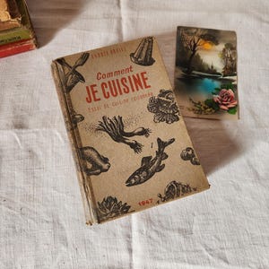 Könnte beinhalten: Ein Vintage-Kochbuch mit dem Titel "Comment Je Cuisine" mit Illustrationen von Lebensmitteln. Das Cover ist beige mit rotem Text und schwarzen Illustrationen. Eine kleine Postkarte mit einer Landschaftsszene und einer Rose liegt neben dem Buch. Weitere Bücher sind sichtbar.
