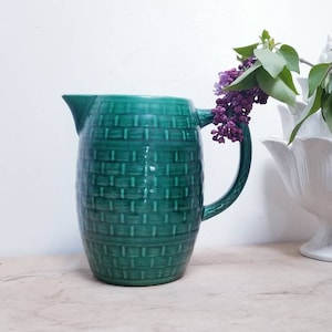 Vintage French St Clement Green Majolica Water Carafe in Basketweave Design.