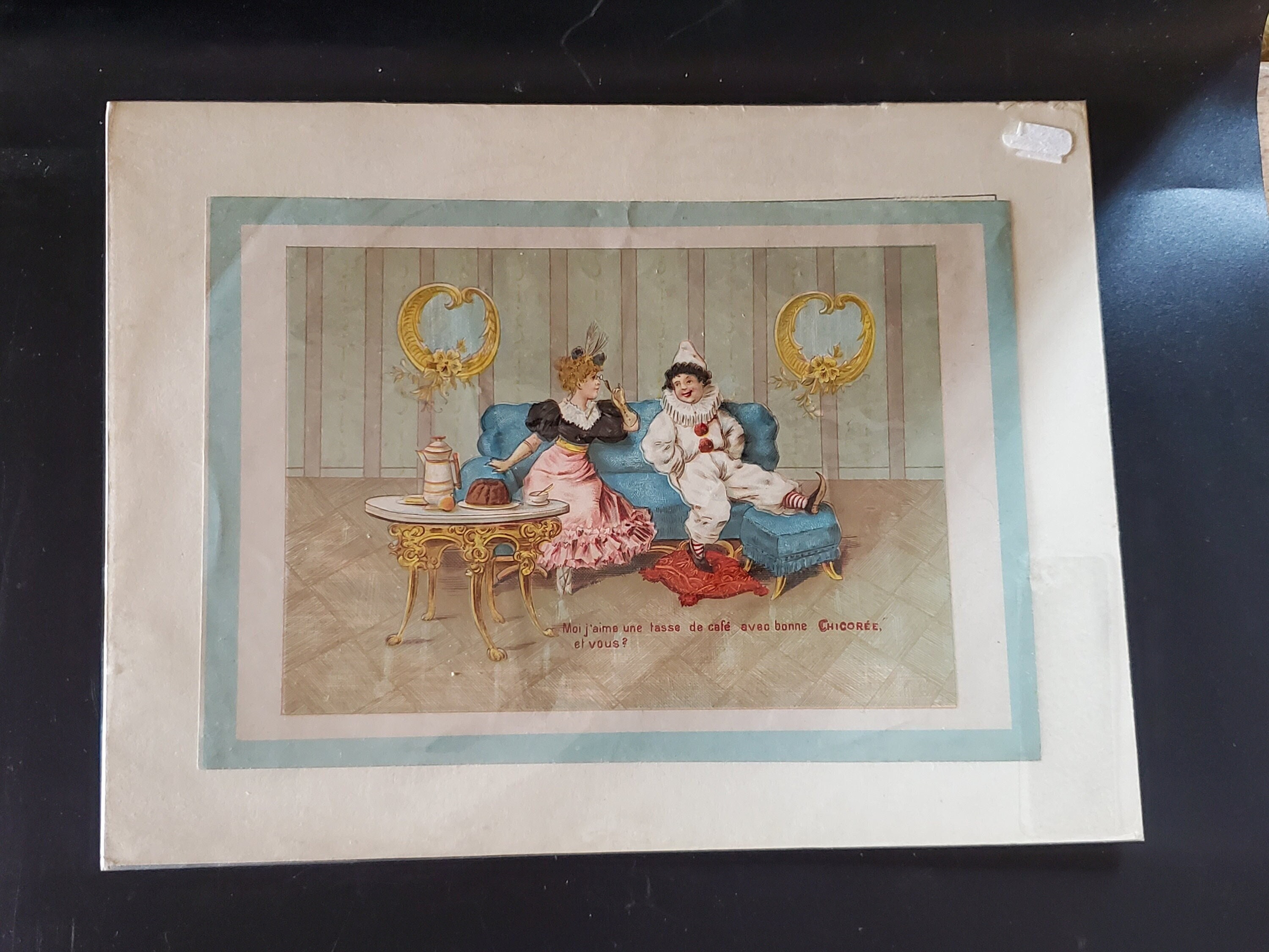 Vintage French Ephemera Advertising Card For Chicorée With the French Pierrot Clown. Lithograph Image Paris.