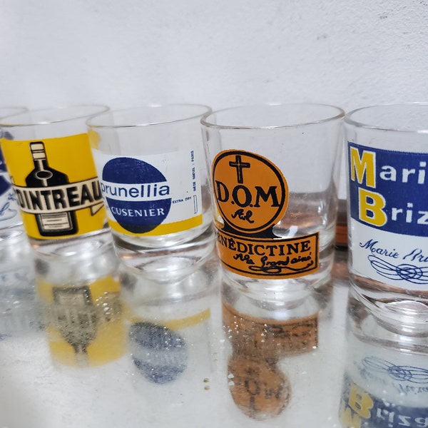 Vintage French Set of 5 Small Shot Glass With French Alcohol Publicity: Benedictine, Cointreau, Martell Cognac, Prunellia, M Brizard