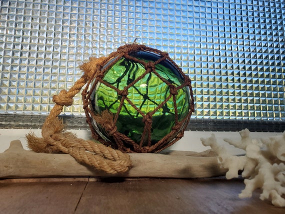 Vintage French Green Glass Fishing Float in Hemp. Green Glass Floating Ball.  Traditional Fishing Buoy 