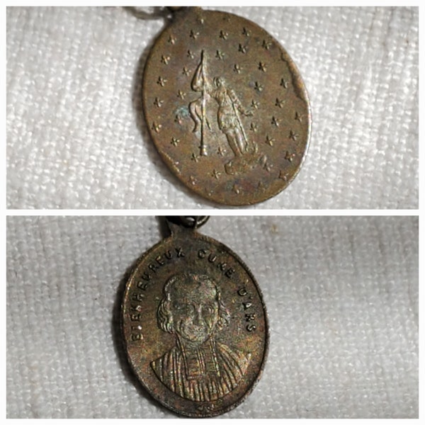 Antique French Bronze Religious Pendant St Jean-Marie Vianney Bien Heureux Curé D'Ars & St Joan of Arc.