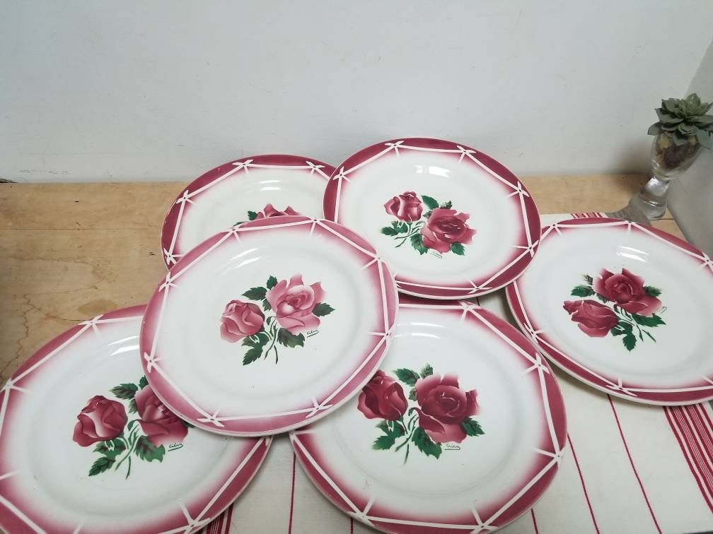 Vintage Français Digoin Sarreguemines Ironstone Set de 6 Assiettes Cibon Dark Red Roses. Assiettes. 