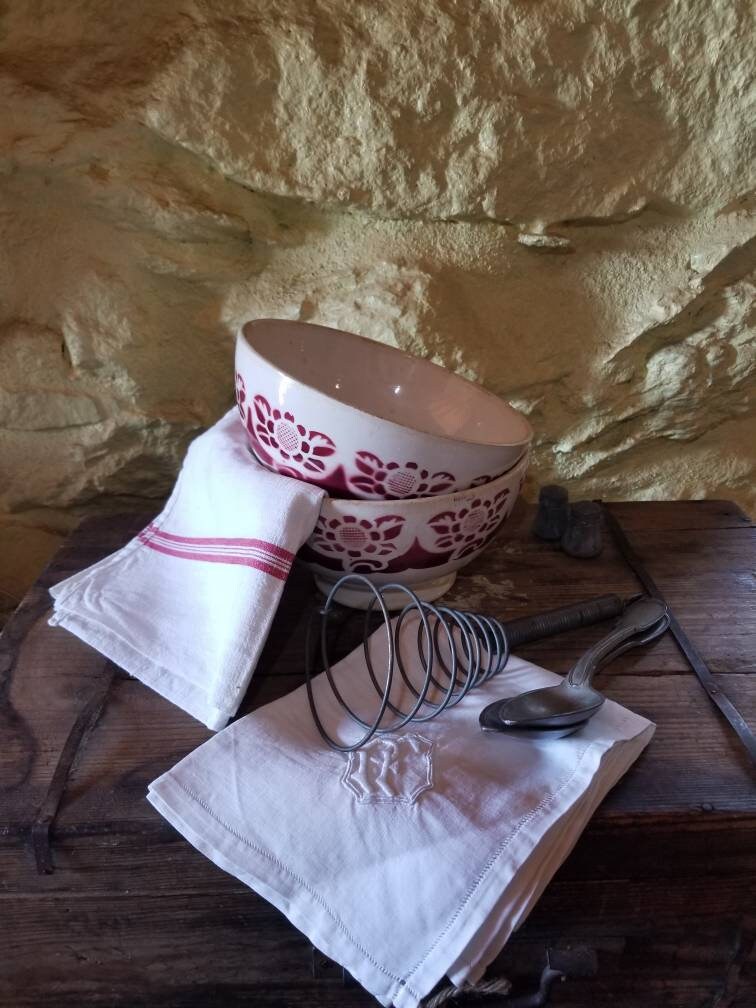 Antique Français Sarreguemines Ferval Grands Bols Paire 19Ème Siècle Fleur Rouge Ironstone de Cuisin