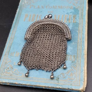 Antiguo monedero francés Chatelaine Chainmail. Monedero pequeño de cadena de metal de 1800. Monedero de doble bolsillo. Accesorios de vestir antiguos