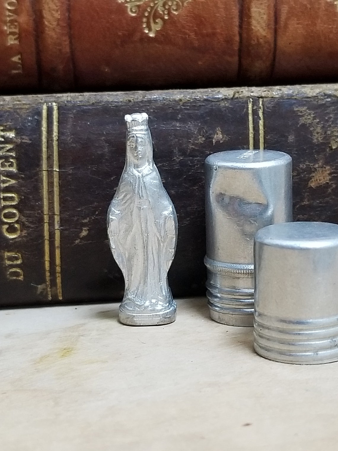 Vintage Tiny Mary Aluminium Figure in Little Metal Pocket image 1