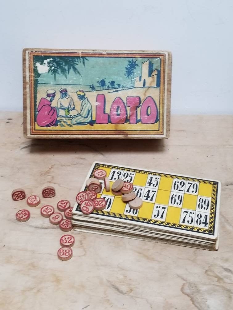 Vintage French Lotto Set With Different Colour Cards and Wood
