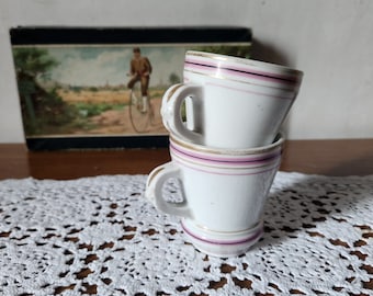 Antique French 2 Heavy Barware Brulot Coffee Cups Demi-Tasse Size From Late 1800s. Espresso Whiteware Kitchenalia. Rustic French Bistroware