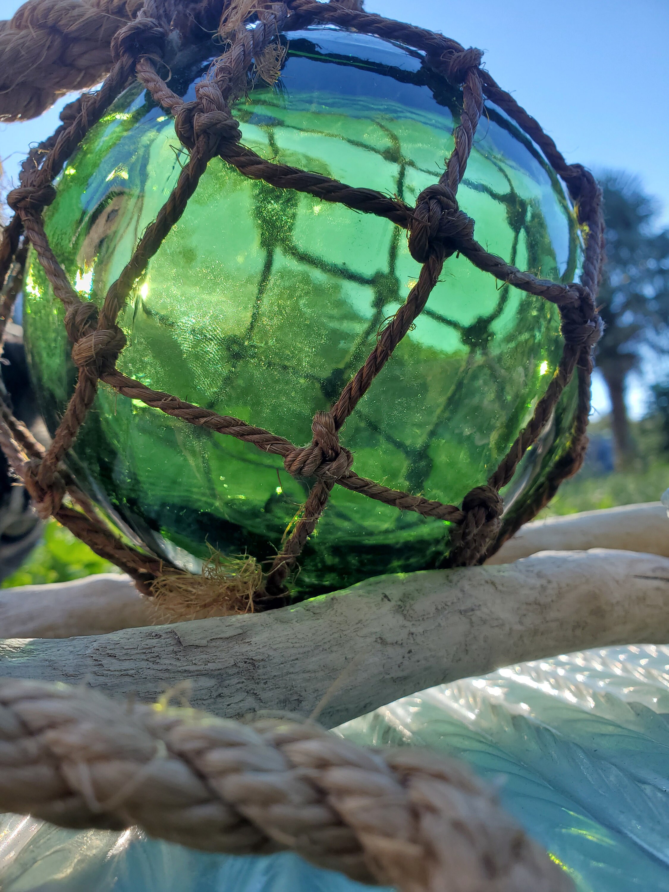 Vintage French Green Glass Fishing Float in Hemp. Green Glass Floating Ball.  Traditional Fishing Buoy 