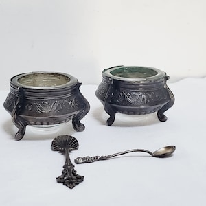 Vintage ЮММЕТ Silver Plated Pair of Salt Dishes. Silver Caviar Pots With Spoons.