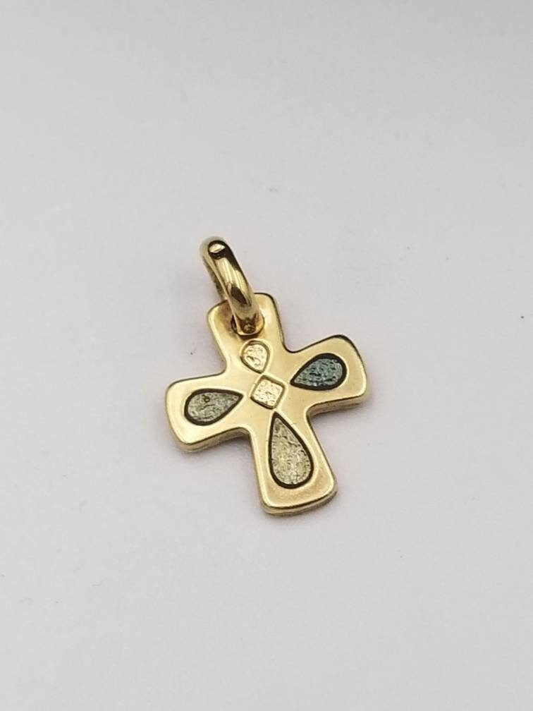 Vintage Français Plaqué Or Petite Croix Carrée avec Feuille Verte Forme Détail