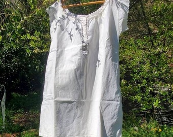 Antique French Cotton Nightgown: 1920s Cap Sleeve Summer Dress