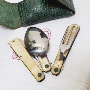 Set di posate francesi antiche pieghevoli in celluloide Acwalite Pyralin in custodia in pelle verde