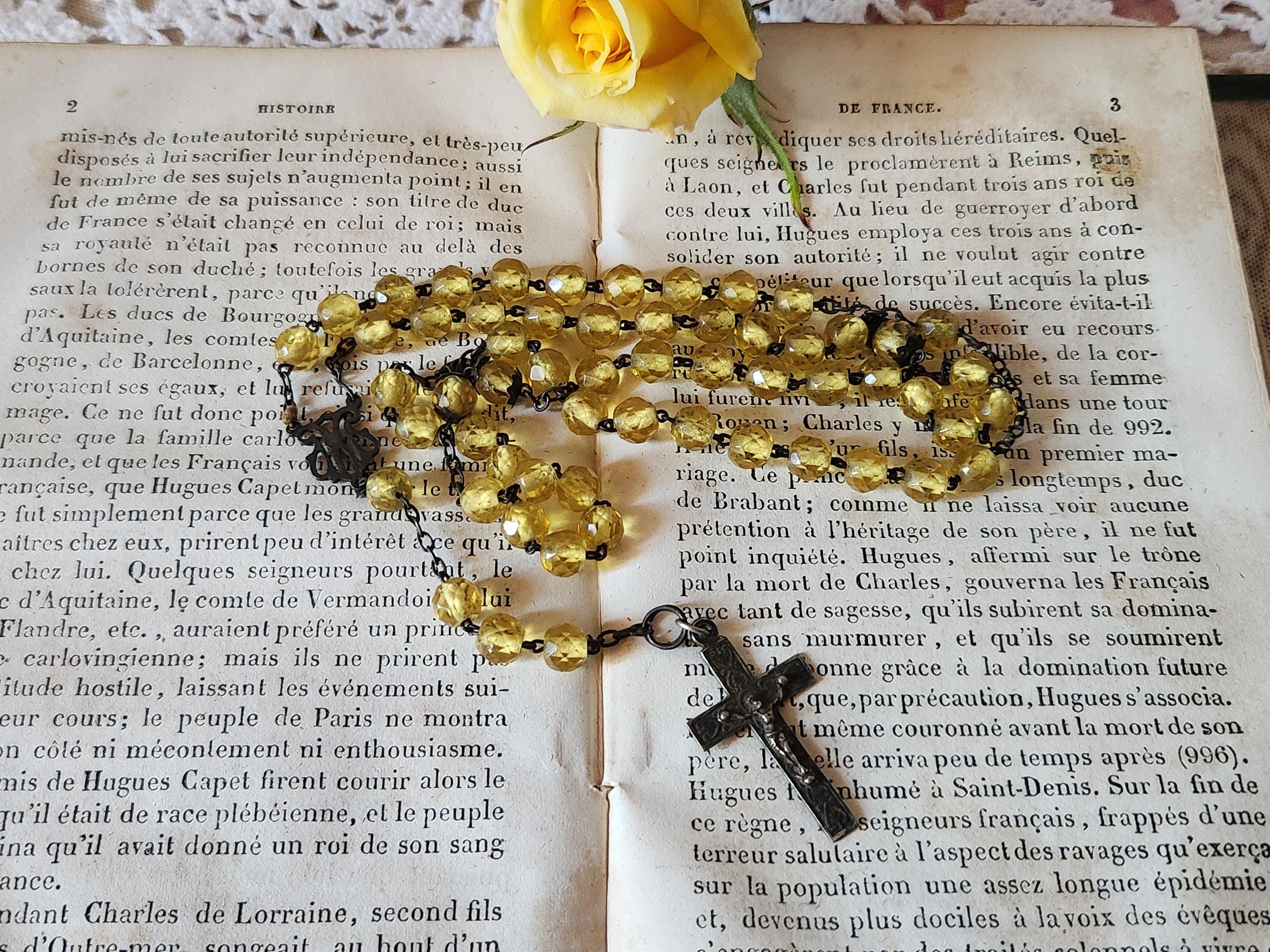 Antique French Lourdes Crucifix Rosary Yellow Glass Prayer Beads