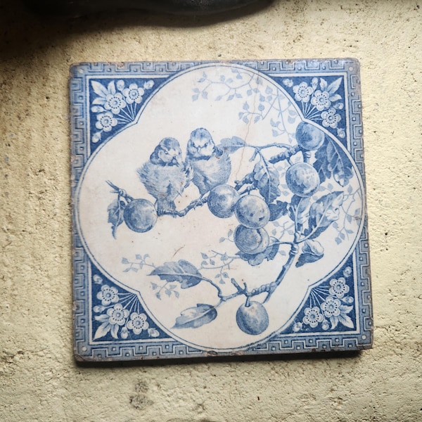 Antique French Large Tea Stained Tile Table Trivet with Blue Transferware Country Farm Theme