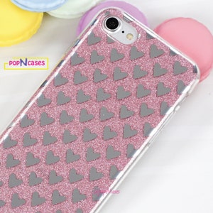 For iPhone 6 Plus iPhone 7 Plus Pink Glitter iphone case with silver hearts Pink Glitter Holo Mirror Heart iPhone case, iphone 6 case pink