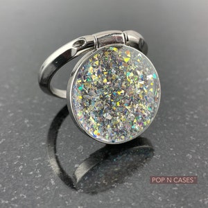 Crystal Silver Phone Ring Holder Grip | Iridescent Silver Gold Twinkle Bling With Silver Base Universal Phone Grip Phone Holder