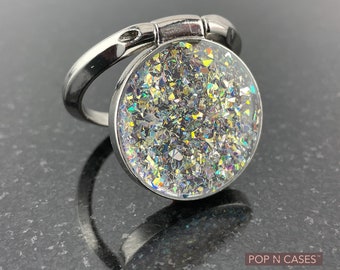 Crystal Silver Phone Ring Holder Grip | Iridescent Silver Gold Twinkle Bling With Silver Base Universal Phone Grip Phone Holder