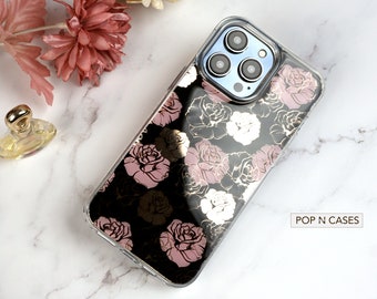 Reflective Gold & Pink Rose iPhone Case - Floral Black Cover