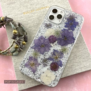 Véritable coque de téléphone pour iPhone, fleurs pressées, fleur pourpre, feuille d'argent, paillettes rose, rose, coque de téléphone fleurs pressées à sec