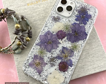 Coque pour iPhone 14 Fleurs véritables pressées à sec pour iPhone 13 Violet rose lilas Protection absorbant les chocs pour iPhone 12 Coque pour iPhone 12 Pro Max 11