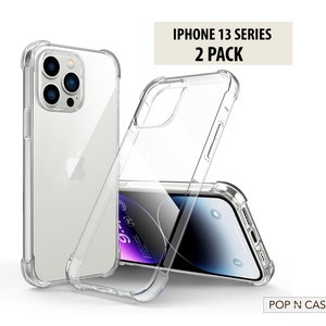May include: Two clear iPhone 13 series phone cases. The cases are made of a flexible, transparent material and have raised edges to protect the screen and camera.  The cases are shown on a white background.  iPhone 13 Series 2 Pack. POP N CASES.