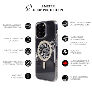 May include: A clear phone case with a silver and iridescent glitter design. The case has a built-in ring holder and is compatible with wireless and MagSafe charging. It also features a raised camera lip and front screen lip for protection. The case is advertised as offering 2 meter drop protection.