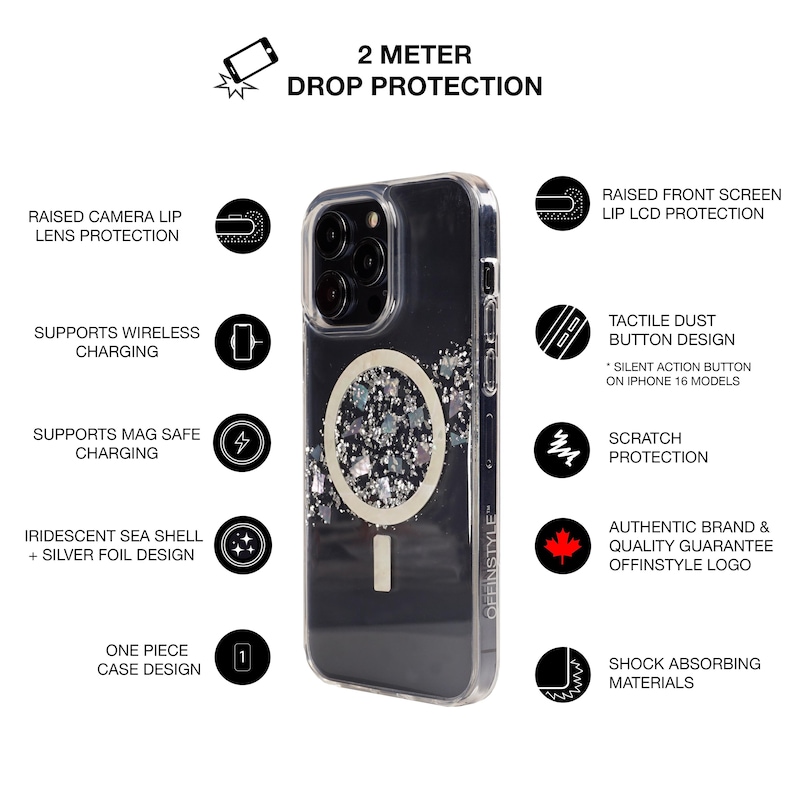 May include: A clear phone case with a silver and iridescent glitter design. The case has a built-in ring holder and is compatible with wireless and MagSafe charging. It also features a raised camera lip and front screen lip for protection. The case is advertised as offering 2 meter drop protection.