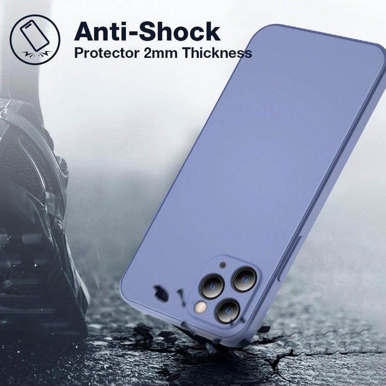 May include: A light blue phone case with a raised camera bump and the text "Anti-Shock Protector 2mm Thickness". The case is shown falling onto a cracked surface.