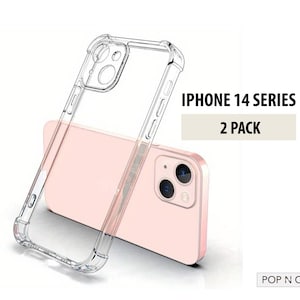 May include: Two clear phone cases for the iPhone 14 series. The cases are made of a flexible, transparent material and have raised edges to protect the screen and camera. The text "IPHONE 14 SERIES 2 PACK" is printed on a white background.