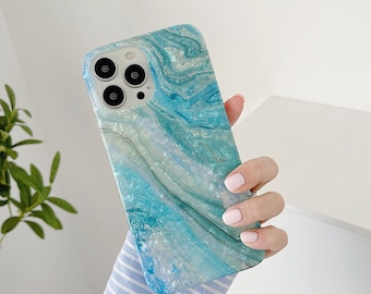 Aqua Blue Marble iPhone Case: Iridescent Pearl Design