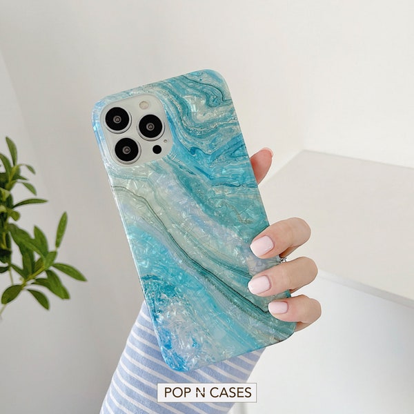 Case For iPhone 14 Marble Aqua Blue Marble Pearl Iridescent Phone Case iPhone 14 Pro Max iPhone 14 Plus iPhone 14 Pro iPhone 13 iPhone SE 3