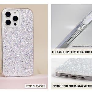 May include: A clear phone case with a sparkly silver glitter design. The case has open cutouts for charging and speaker ports. The case also has clickable dust covered action buttons.