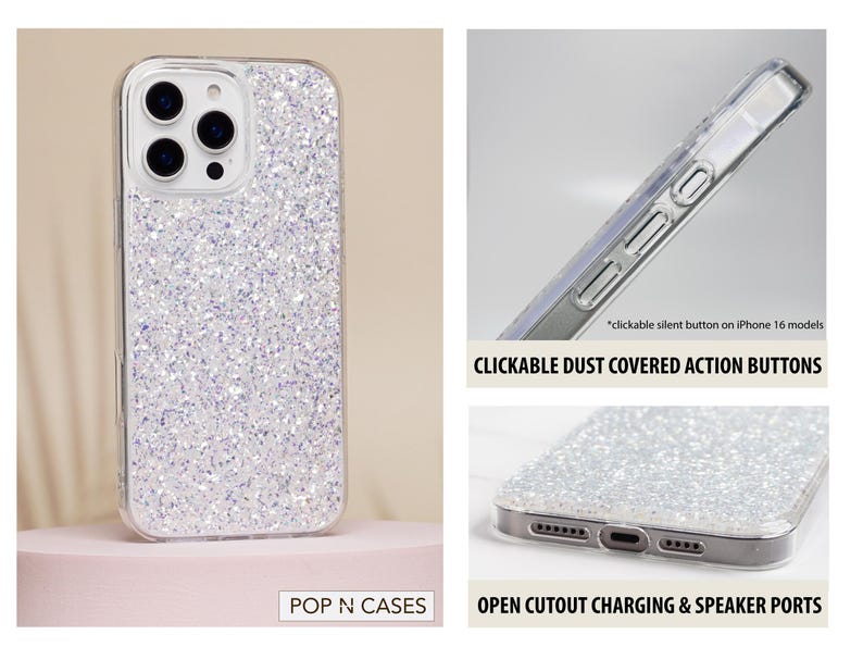 May include: A clear phone case with a sparkly silver glitter design. The case has open cutouts for charging and speaker ports. The case also has clickable dust covered action buttons.