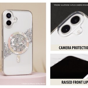 iphone 16 phone case with iridescent mother of pearl sea shell magsafe charging compatible phone case